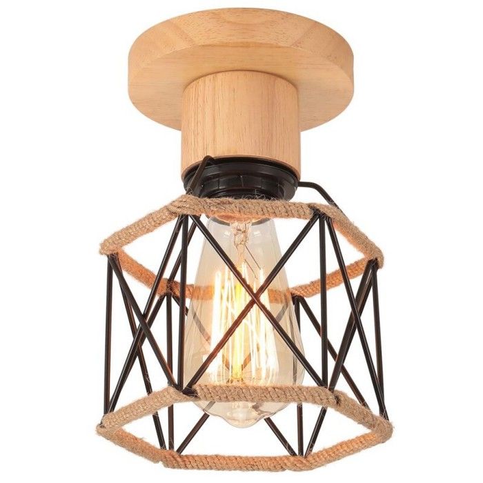 WOTTES Rétro Plafonnier Industrielle en Bois - Cage en Métal et corde de chanvre - pour Salon Cuisine Couloir - 1pcs Ø13*14CM