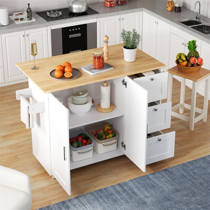 Ilot Central Cuisine avec Rangement et Plan de Travail Pliable3 TiroirsFinition ChêneDesserte Ilot à RoulettesBlanc135x44x90cm