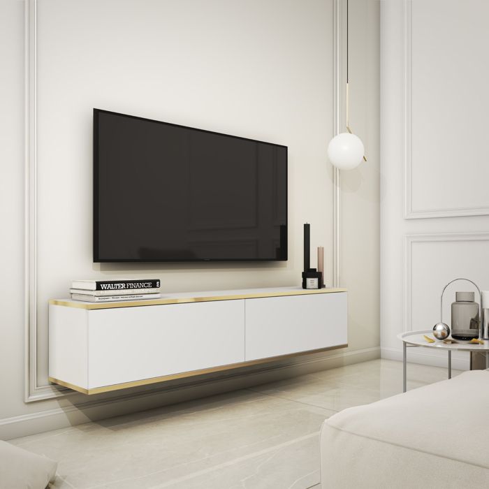 Banff TV135 – meuble TV façade blanche lisse / chêne artisan largeur 135 cm hauteur 30 cm profondeur 32 cm Banff TV135 – meuble TV façade blanche lisse / chêne artisan largeur 135 cm hauteur 30 cm profondeur 32 cm