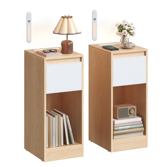 Lot de 2 Table de Chevet Étroite avec Éclairage LED 1 Port USB-A 1 Port USB-C Tiroirs et Compartiments Ouverts Jaune et Blanc