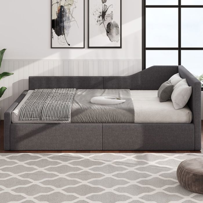Lit Double Lit coffre 140x200 cm avec tête de lit rembourrée gris espace rangement intégré - Sans Matelas
