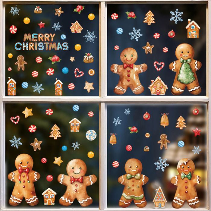 Autocollants Pour Fenêtre De Noël, MARSEE 4 Feuilles Stickers Fenetre Noël, Deco Noel Interieur (Bonhomme Pain D'épice