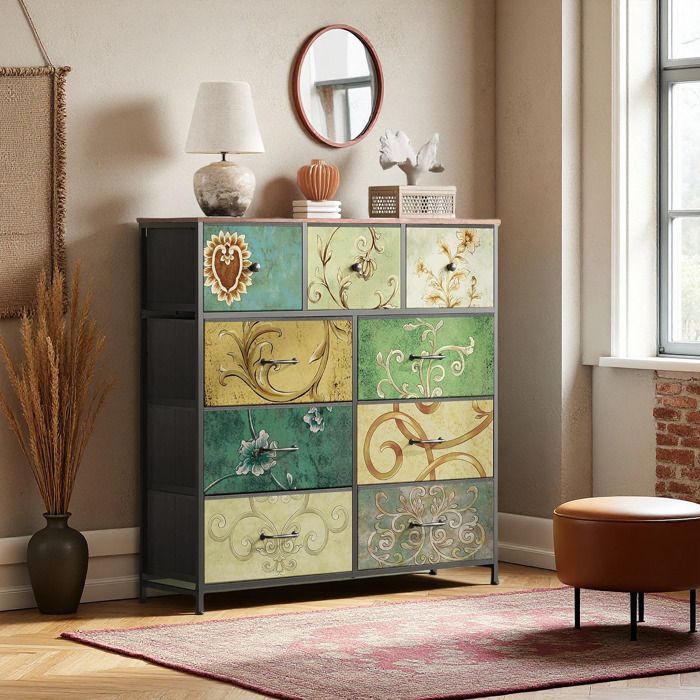 Commode de chambre, 9 tiroirs, Motif rétro, Pieds réglables, Style ...