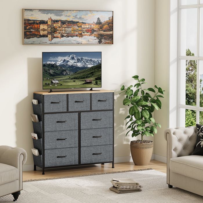 Armoire de rangement vertical - 9 tiroirs - 988x30x100 cm - Cadre métal & plateau bois - Gris style moderne