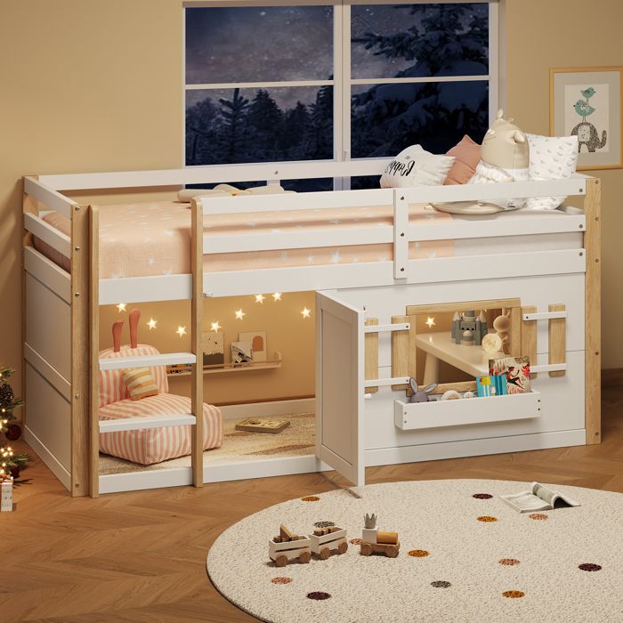 Lit Mezzanine Enfant 90x200 cm avec Espace Jeu Intégré Lit Superposé Évolutif Structure Bois Blanc (Sans Matelas) Lit Mezzanine Enfant 90x200 cm avec Espace Jeu Intégré Lit Superposé Évolutif Structure Bois Blanc (Sans Matelas)