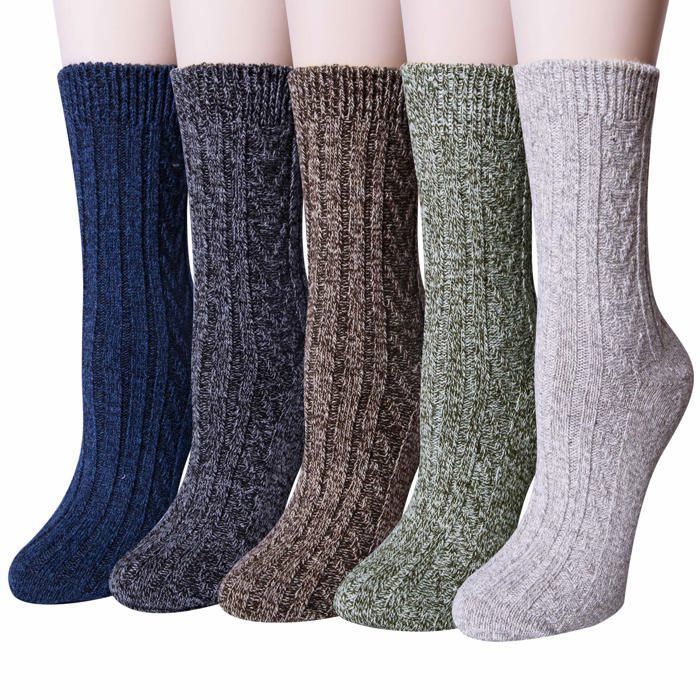 Chaussettes thermiques femme - 5 paires épaisses chaudes doublées de laine - Gris foncé/bleu foncé/vert gazon/café/gris clair