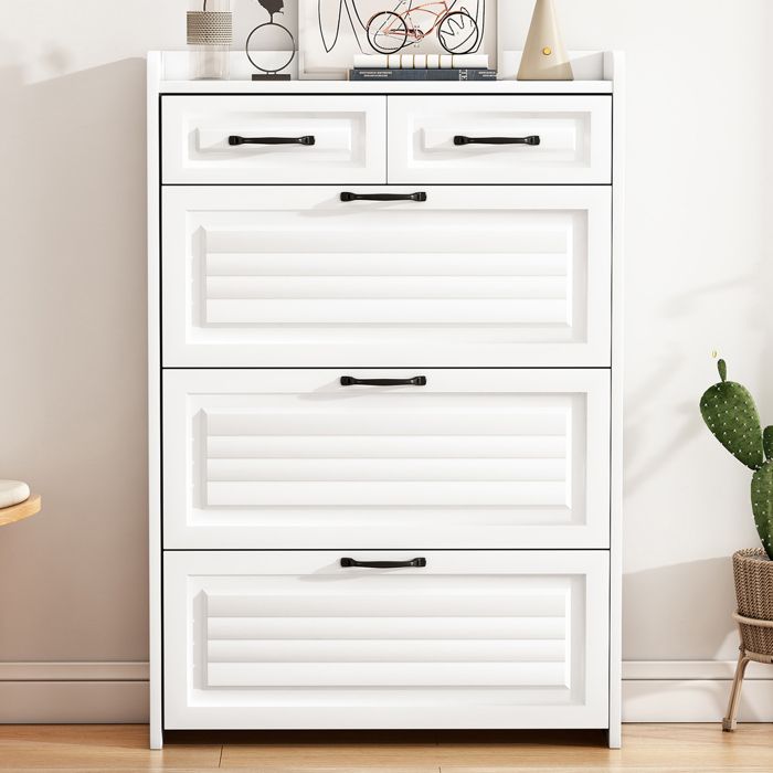 Meuble à Chaussures Blanc 80 cm 3 Portes Basculantes + 2 Tiroirs Armoire à chaussures 4 niveaux Moderne avec Poignées Métalliques Meuble à Chaussures Blanc 80 cm 3 Portes Basculantes + 2 Tiroirs Armoire à chaussures 4 niveaux Moderne avec Poignées Métalliques
