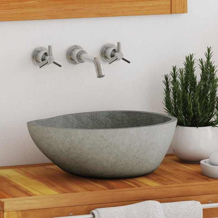 Lavabo en pierre de rivière - vidaXL - Ovale - 37-46x29-36 cm - Taupe - Pierre naturelle - Trou de vidange 45 cm