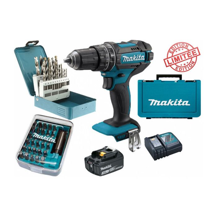 Pack cadeau Perceuse visseuse à percussion Makita 18V 62Nm DHP482 + 1 batt 3 Ah + 30 embouts de vissage + 18 forets D-46202