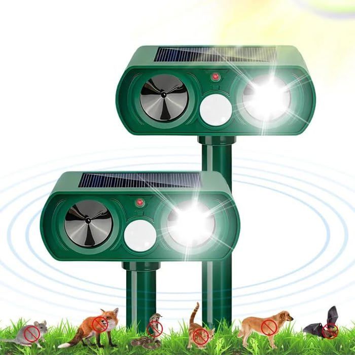 Repulsif Solaire Ultrason 300mA avec LED Double Action 2 Pièces Anti-Rongeurs Oiseaux Serpents pour Jardin