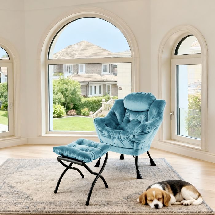 Fauteuil Bergère Capitonné avec Repose-pieds bleu - Fauteuil de Salon Élégant Structure Métal Stable 150kg Design Moderne et Chic