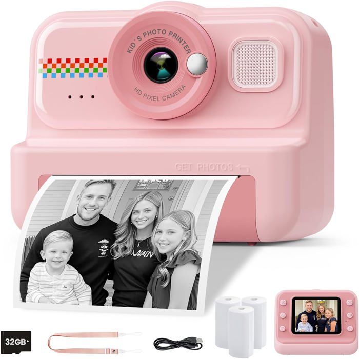 Appareil Photo Instantané Enfant 1080P – Écran 2,4″, 40MP, Carte 32 Go Incluse, 3 Rouleaux
