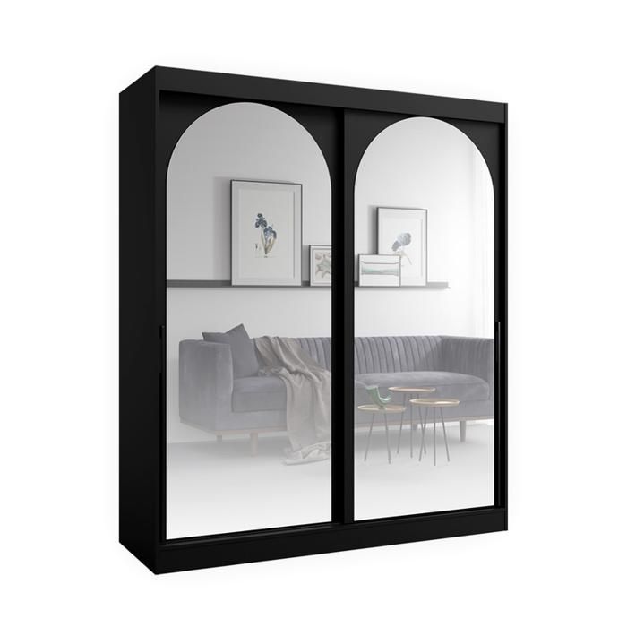 Bibliothèque en bois noir - OTITEC - 215x180x65 cm - Noir - Prêt à monter - Portes coulissantes - Miroirs intégrés