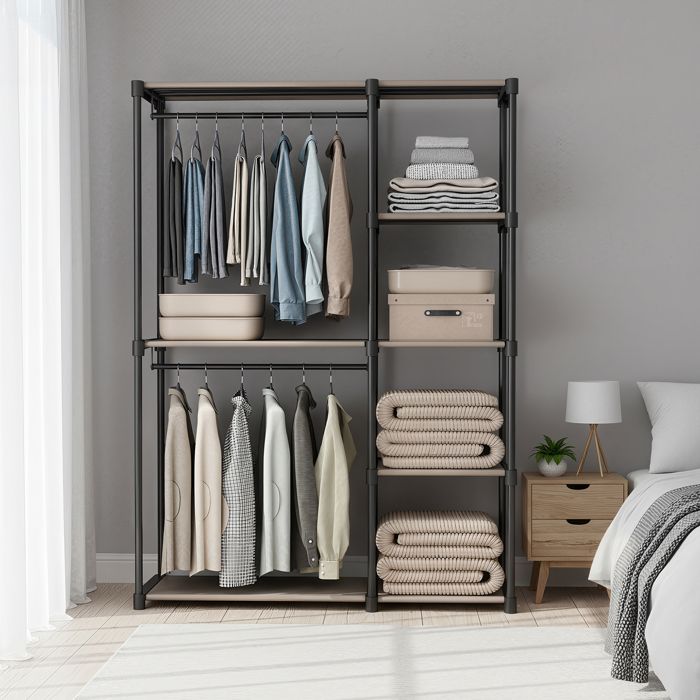 Penderie tissu porte-manteau avec tringles à vêtements organisateur de rangement ouvert pour chambre ou vestiaire taupe Penderie tissu porte-manteau avec tringles à vêtements organisateur de rangement ouvert pour chambre ou vestiaire taupe