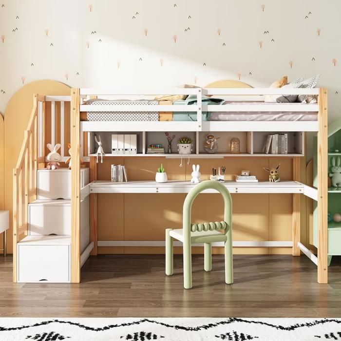 Lit mezzanine 90x200 cm avec escalier à rangements Lit enfant avec grand bureau et étagères Bois massif + MDF Naturelle et blanc