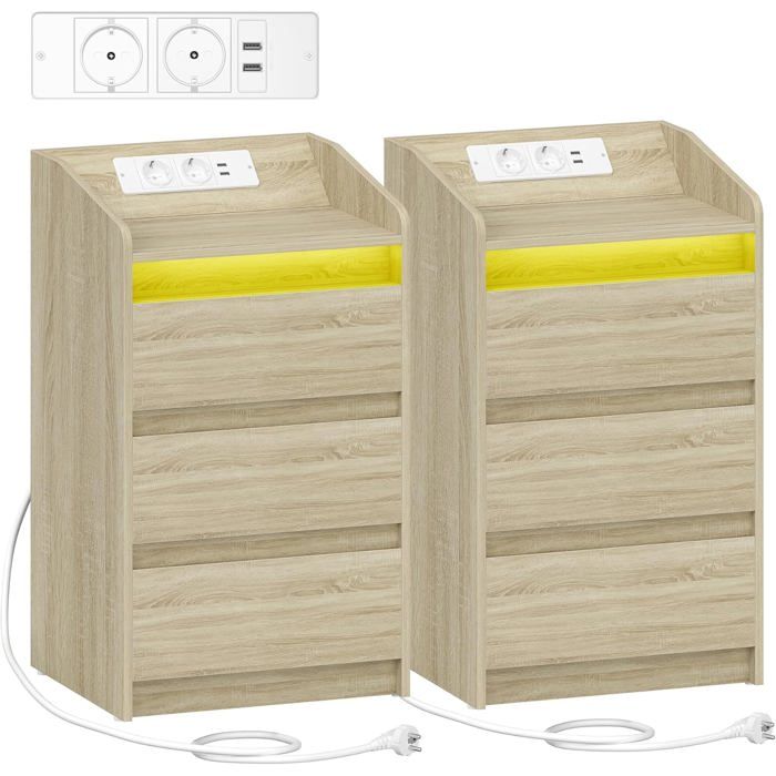 Table de Chevet avec 3 TiroirsTable dAppoint avec Station de Charge et LED 2 Prises CA et 2 Ports USB pour SalonCouleur Chêne