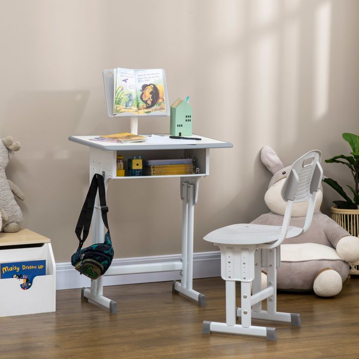 MOTHINESSTO1599-Bureau et chaise pour enfant avec support de lecture casier crochet et porte stylo 60 x 45x 90-102 cm gris