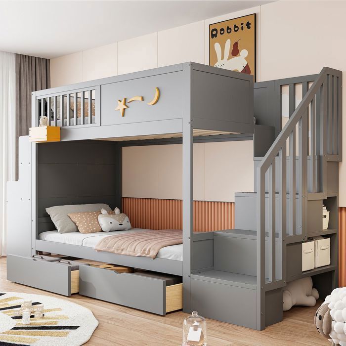 Lit Superposé 90x200cm avec bureau et tiroirs - lit double - escalier de rangement bois gris massif