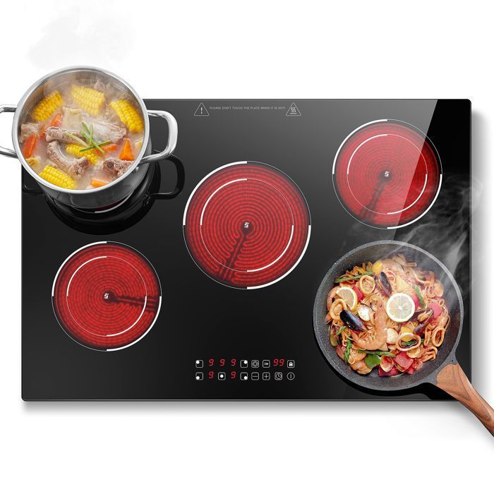Plaque Vitrocéramique 5 feux 77cm avec 3 Zones Double Circuit Puissantes 9000W9 Niveaux Touche Timer Sécurité Enfant