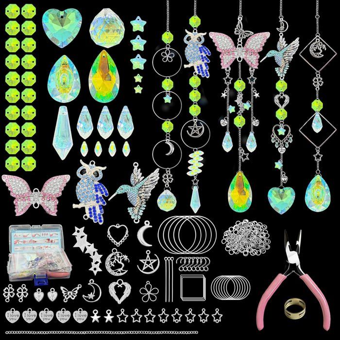 244 Pièces Kit Attrape-Soleil DIY pendentifs cristal pour fenêtre et jardin avec crochets de suspension - 244 Pieces/Schmetterling