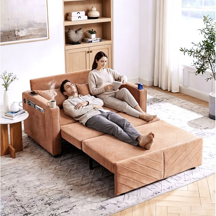 Canapé-lit 3 en 1 AESVAR 2 places avec ports USB système coulissant tissu orange