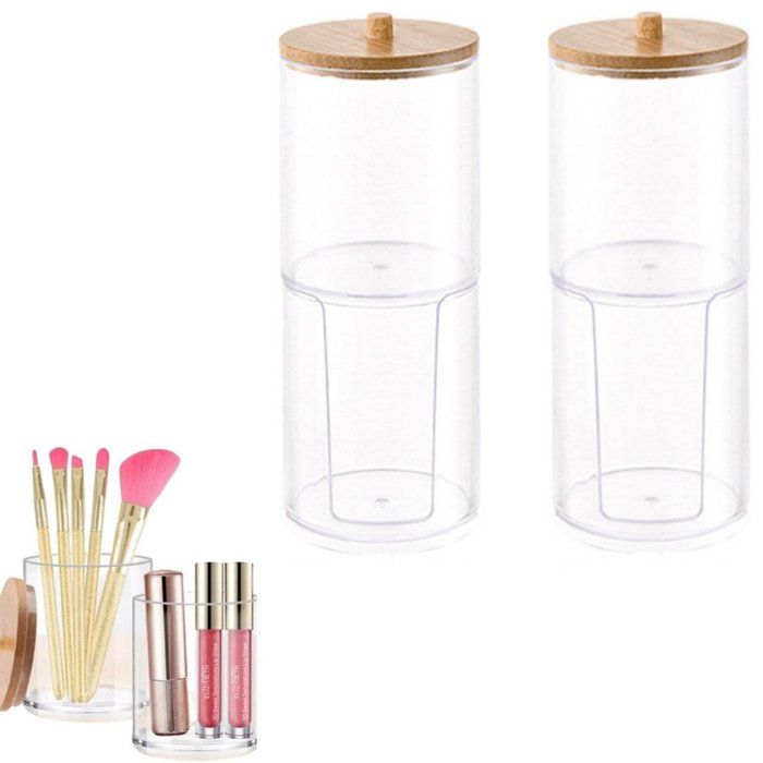 Lot de 2 organiseurs maquillage 2 niveaux avec couvercle transparents empilables 7 x 7 x 18 5 cm étanches
