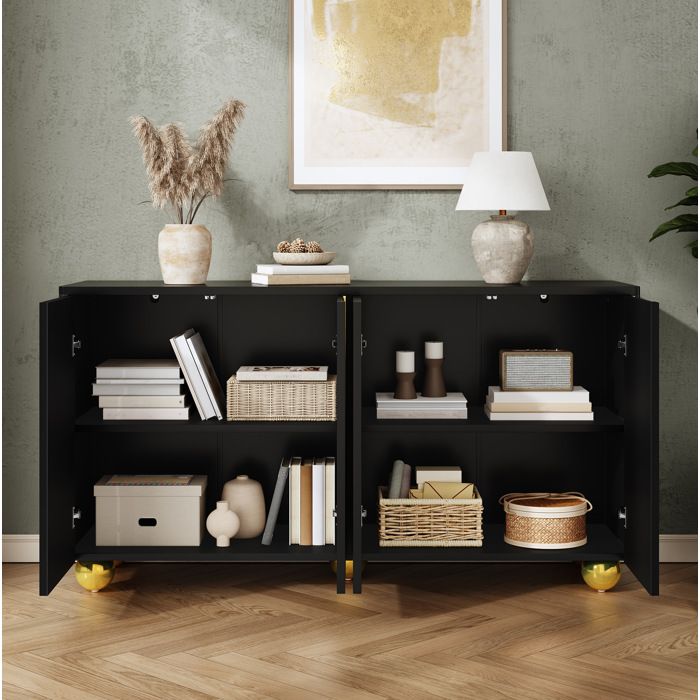 Buffet 4 Portes Noir Bahut Design FloraGrace Pour Salon Ou Entrée Charnières Amorties 140x40x74cm