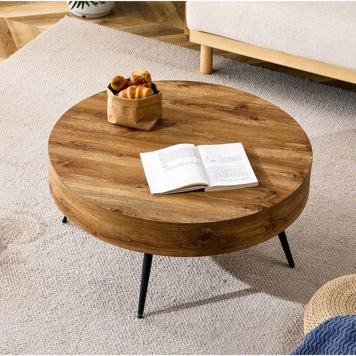 Table Basse Ronde Plateau en MDF Aspect Bois et Pieds en Metal Noir - ELVMI - Scandinave pour Salon 70×70×355 cm