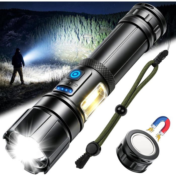 Lampe Torche LED Ultra Puissante 500000 Lumens Lampe de Poche Rechargeable avec 9 Modes Lampe Tactique avec Feu LatéRal