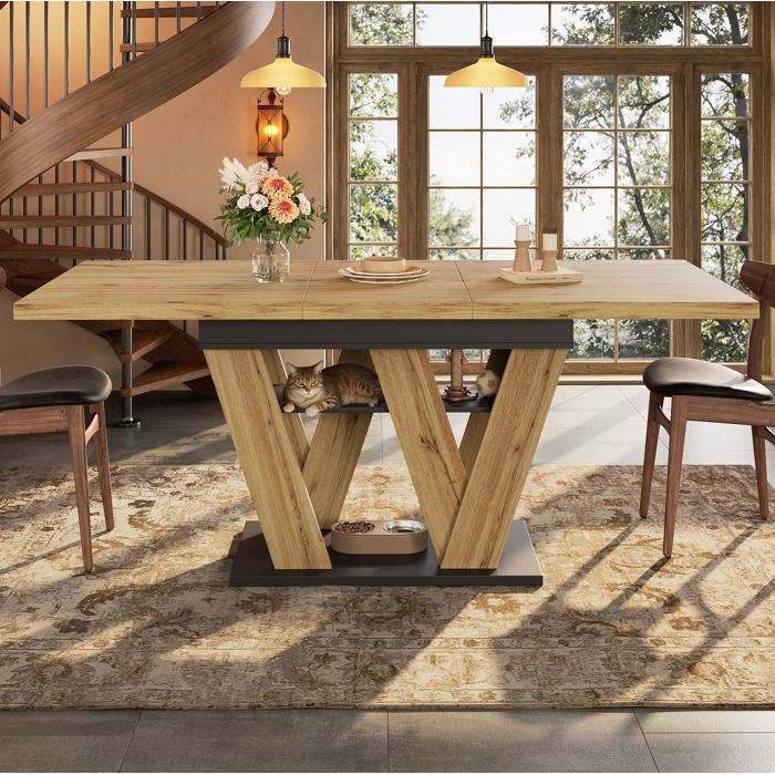 COVREO Table à manger extensible 119-1585 x 80 x 75 cm avec rangement intégré MDF noir et naturel