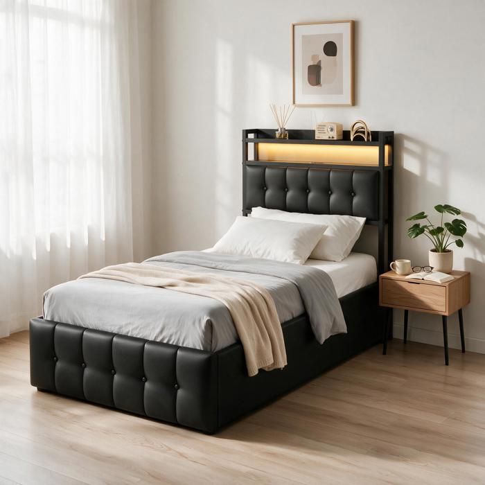 Lit simple adulte 90x200 cm Lit coffre avec tête de lit LED et rangement cadre de lit 90x200 avec sommier à lattes PU Noir