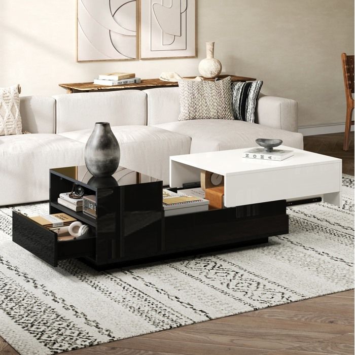 Table basse relevable – Blanc et noir – 100 x 50 x 38 cm – 2 tiroirs – Brillant