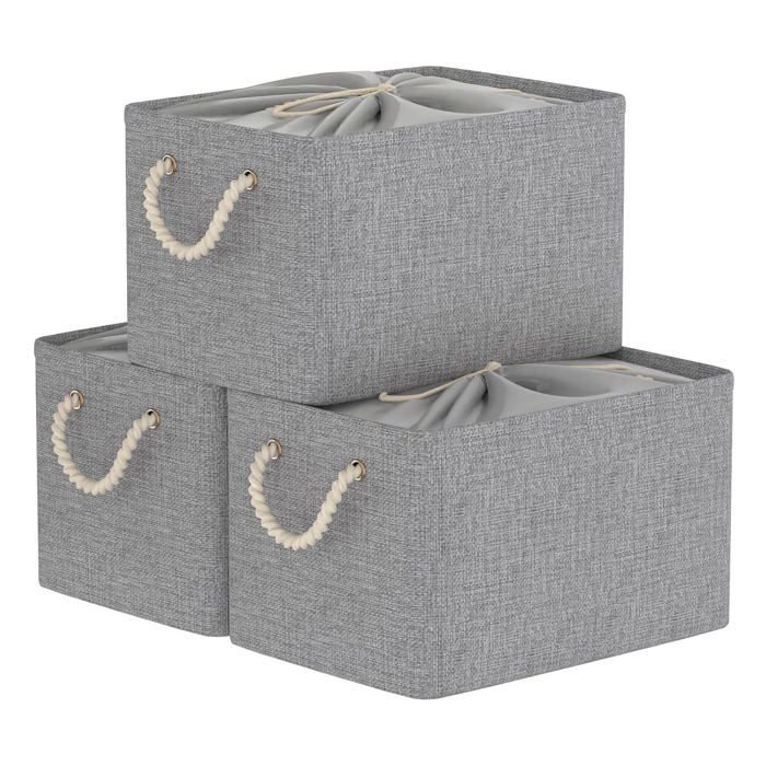 Lot de 3 paniers de rangement pliables - tissu épais fermeture par cordon poignée renforcée gris 13 x 23 x 20 cm