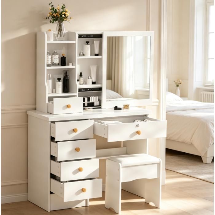 Coiffeuse pour Chambre - avec miroir coulissant - 6 Tiroirs de Rangement et Étagères Ouvertes - 80×37×122 cm - balnc -Style Moderne