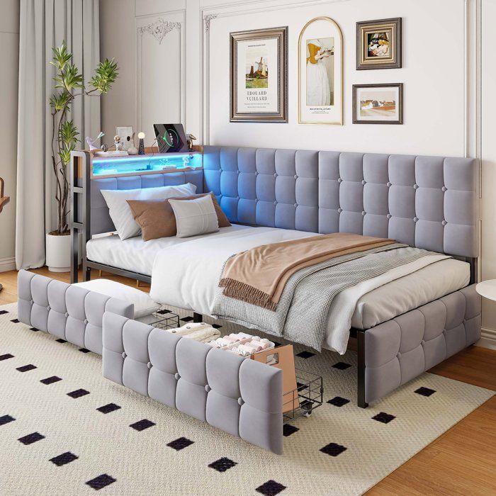 Lit banquette enfant rembourré 90 x 200 cm avec 2 tiroirs lampe LED ports USB/USB-C revêtement tissu Gris