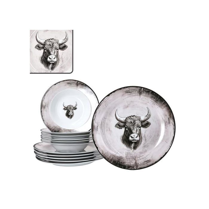 Service de table - MAMBOCAT - Toro - 12 pièces - Motif tête de vache - Porcelaine lave-vaisselle & micro-ondes Service de table - MAMBOCAT - Toro - 12 pièces - Motif tête de vache - Porcelaine lave-vaisselle & micro-ondes
