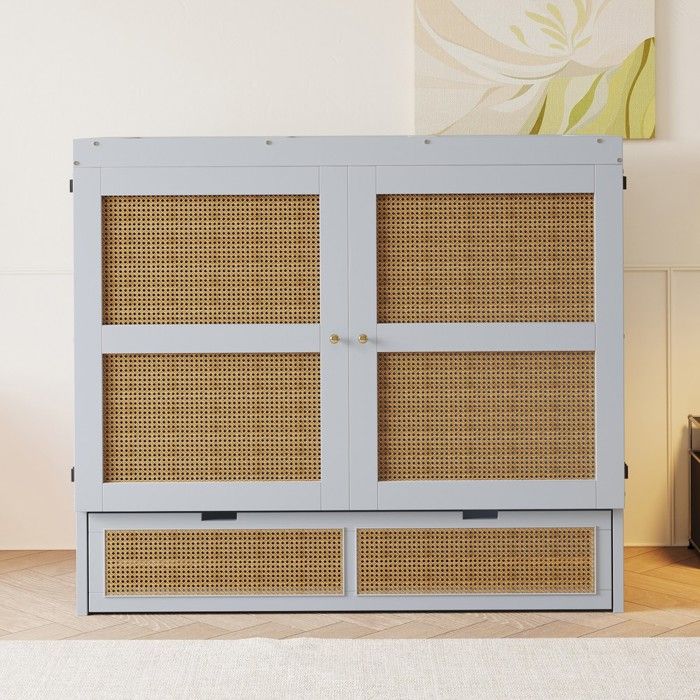 Lit armoire 140 x 200 cm sommier à lattes inclus tiroirs de rangement design rotin bois gris simple pour enfant et adulte Lit armoire 140 x 200 cm sommier à lattes inclus tiroirs de rangement design rotin bois gris simple pour enfant et adulte