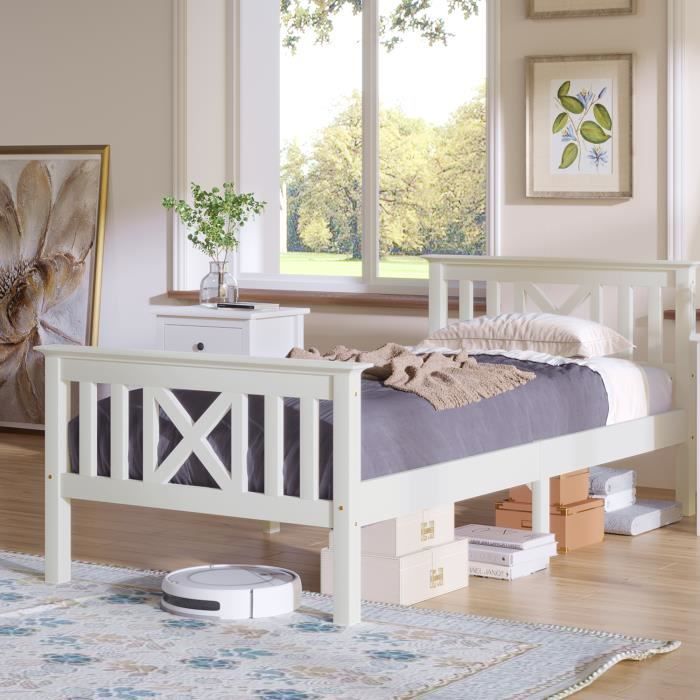 lit adulte ou enfant à simple place-cadre de lit en bois massif de pin avec lit à lattes-sommier à lattes-90 x 200 cm-blanc