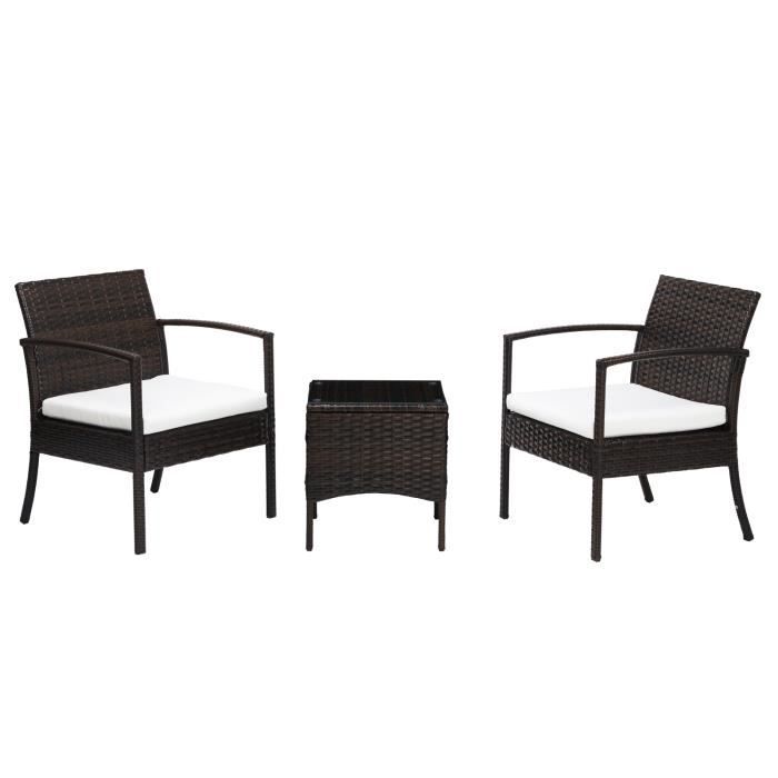 ALightUp Salon De Jardin Rétro 2 Places Résine Tressée Marron - Fauteuils Rotin + Table Verre Trempé