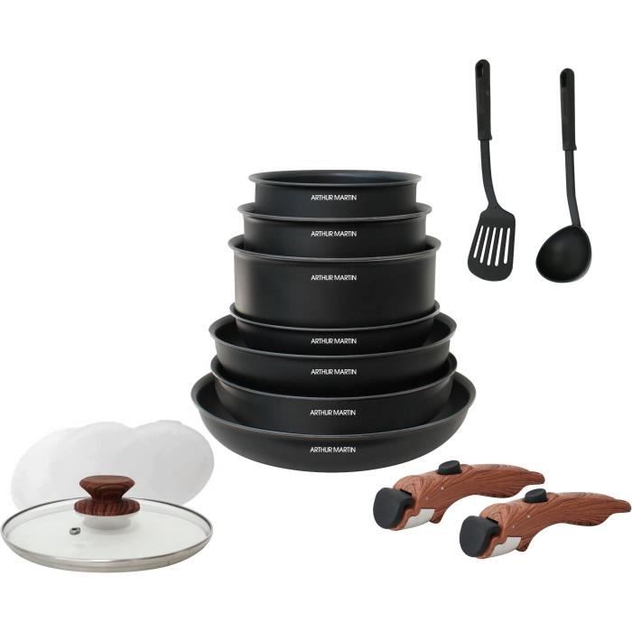 Arthur Martin AM1502 Batterie de cuisine 15 pièces poignée amovible effet bois tous feux dont induction