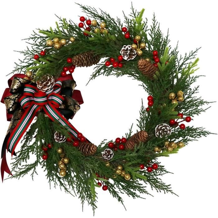 Couronne Noël 32cm Avec Noeud Et Cloches - Décoration Porte Cheminée Guirlande