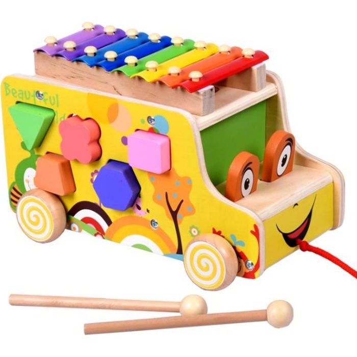 Bebe Enfant Bois Bus Jouet Enfant Jeux Construction Bois Xylophone Bebe 18 Mois avoir Forme G om trique 8 ton Et Marteau en Bois