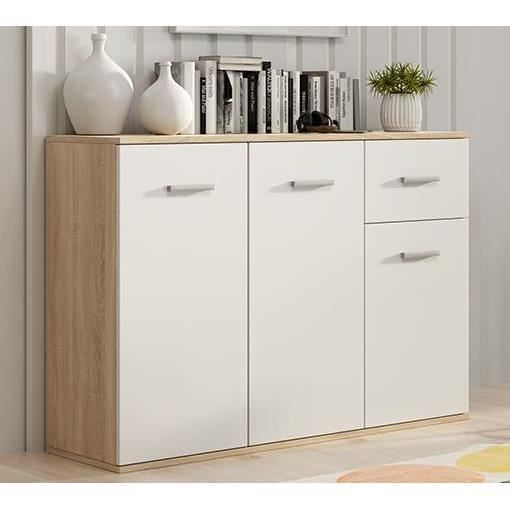 Commode Eboli 3 Portes 2 Tiroirs – Dimensions 77x30x77 Cm, Finition Chêne Sonoma/blanc | Rangement Spacieux, Montage Facile, Déco Salon/chambre