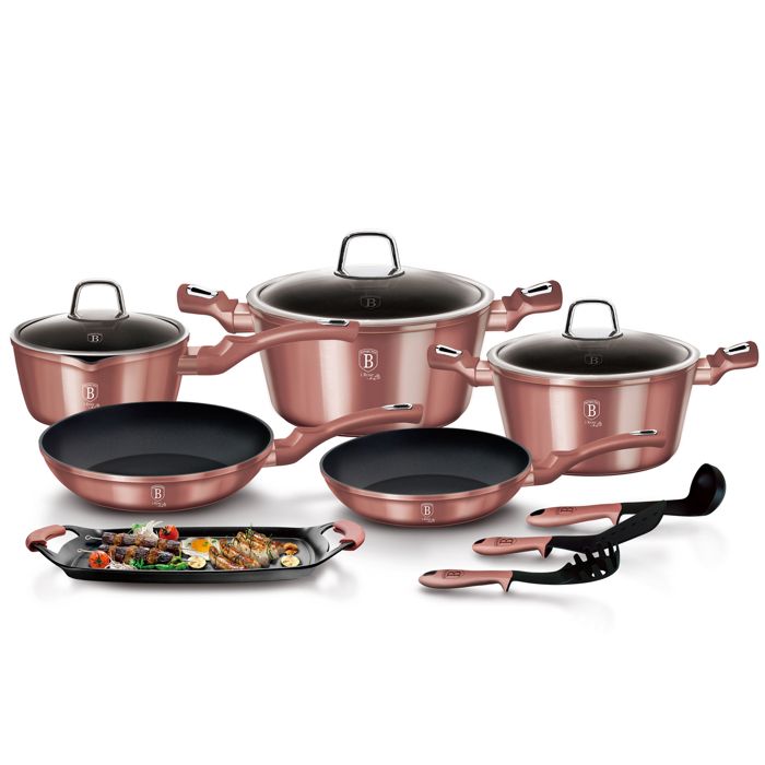 Batterie de Cuisine à Induction 12 Pièces Aluminium Antiadhésif sans PFOA Berlinger Haus I-Rose Rose 98151