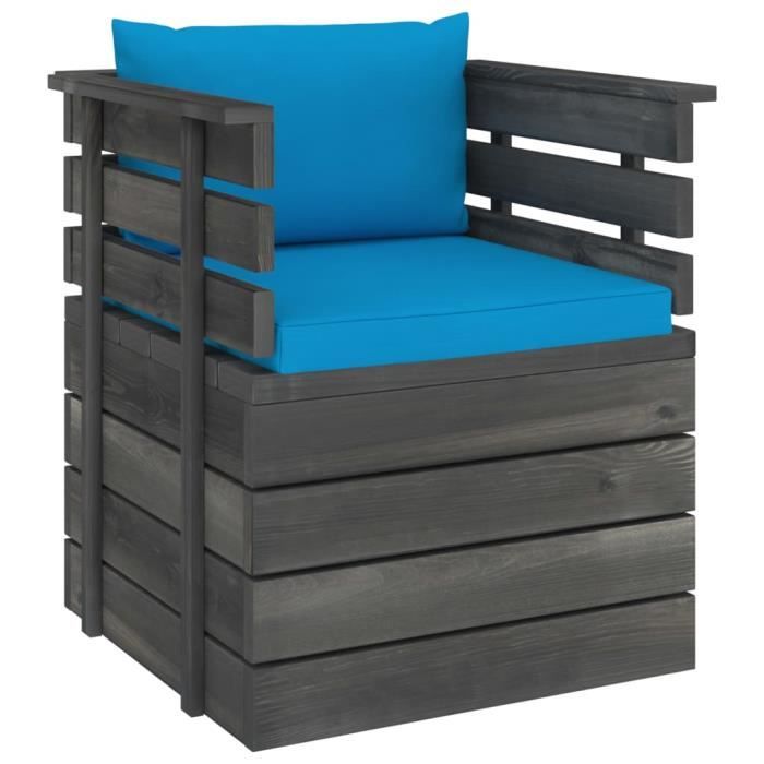 fauteuil de jardin avec coussins en bois de pin - neuf - 6452 - bleu clair - tissu - campagne