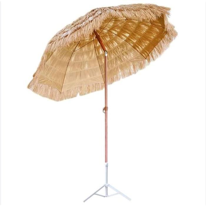 Parasol de Plage Extérieur en Paille Simulée 155 CM, Pliable Portable Toit Inclinable avec Sac de Transport, Style Hawaïen pour Terrasse Piscine