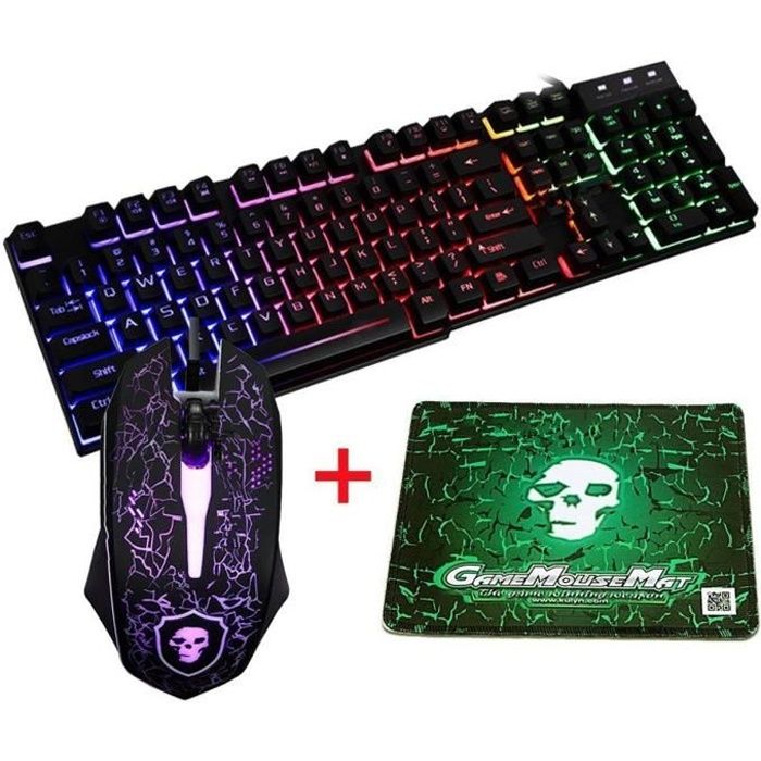 Clavier de Gaming et Souris et tapis de sourisLED Rétro-éclairage Arc en Ciel – Clavier USB Gamer QWERTY – Souris N