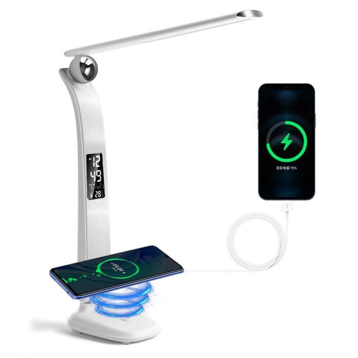 Lampe De Bureau LED Avec Chargeur Sans Fil 10W - Dimmable Tactile Horloge Et Veilleuse - Blanc