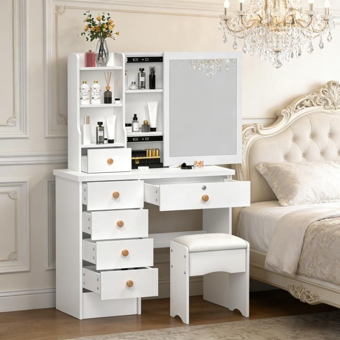 Coiffeuse avec Miroir et Tabouret Confortable - Table de Maquillage - FLASIDU - 6 Tiroirs - Blanc - moderne - 122*80*37cm