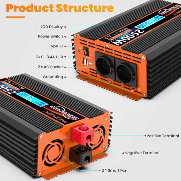 Onduleur 12V Vers 220V Pur Sinus 2000W - Convertisseur Voiture, Camping-Car, Bateau - Écran LCD, Protections Intégrées